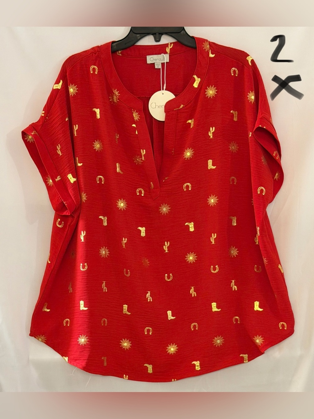 Chenault Red Tunic with Metallic Gold Western Motifs